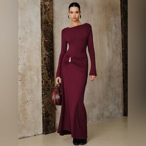 Commense Metal Buckle Long Sleeve Ruched Maxi Dress